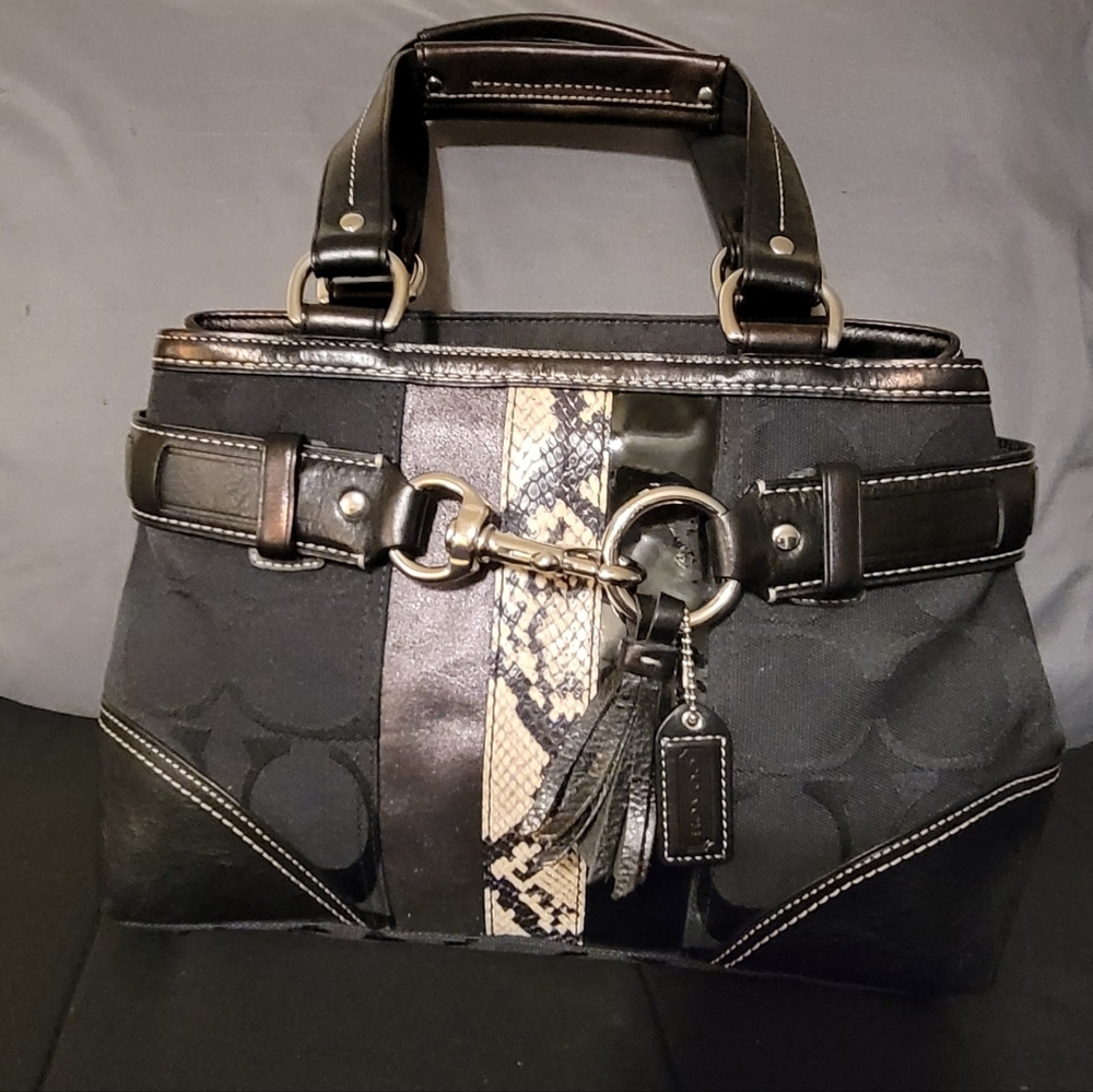 Coach Black Canvas C's, Leather, and Snakeskin Handbag